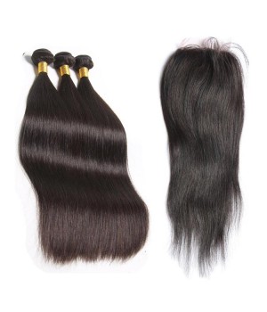 Free Shipping 100% Peruvian Straight Virgin Hair 3 Bundles with 1 Lace Closure